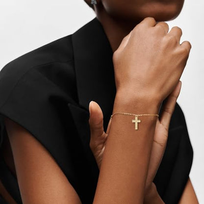 Gold Cross Bracelet for Women, Dainty 18K Gold Plated Double Pendant Jewelry, Sparkling Zirconia Prayer Bracelet, Adjustable Link Chain Lobster Clasp (5.9in + 2.4in) - style: Design Cross Bracelet
