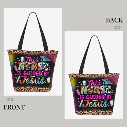 Bible Tote Bags for Women Christian Tote Bag Church Shoulder Bag Inspirational Bags With Zipper Christian Gift - color: This Nurse is Guided By Jesus