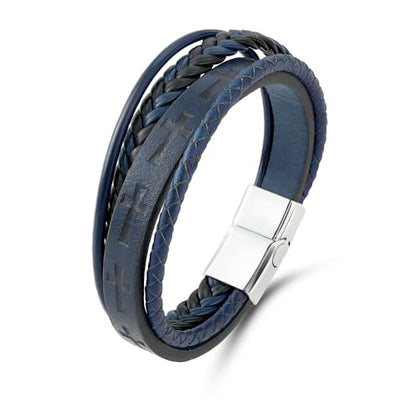 Mens Leather Cross Bracelet Multilayer Braided Wristband Bangle Bracelets with Stainless Steel Buckle Religious Gift for Men Brown/Black/Blue–8.3 inch - color: Blue-1, size: 8.3in(Fits most wrists)