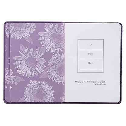 Christian Art Gifts Vegan Leather Small Journal Inspirational Scripture Women's Sunflower Notebook Strength & Dignity Bible Verse Proverbs 31:25, 240 Ruled Pages, Lavender Purple