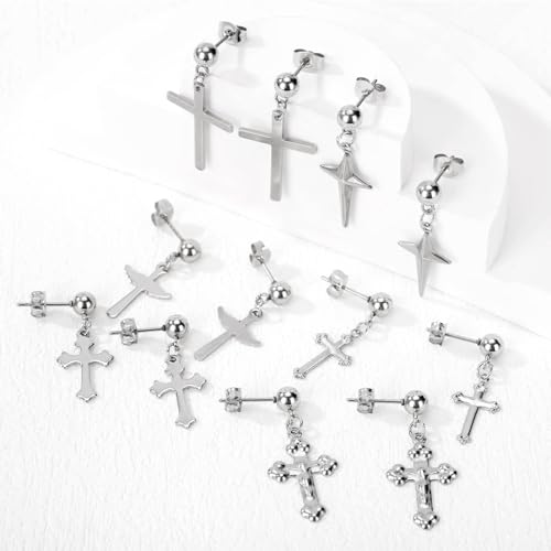 6 Pairs Silver Dangle Cross Earrings for Women, Small Hypoallergenic Stainless Steel Stud Earrings for Men Drop