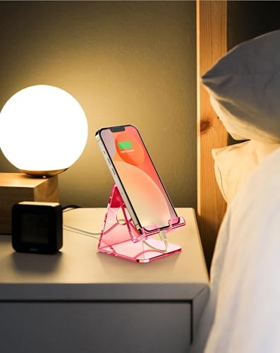TOPGO Acrylic Cell Phone Stand, Clear Phone Holder for Office Desk, Vanity, Kitchen Counter, Bedside Table, Compatible with iPhone 17 16 15 14 13 12 Pro Max Plus/Smartphones/iPad/Switch/Kindle(Pink)