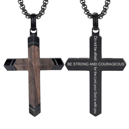 Wooden Cross Necklace for Men with Stainless Steel Adjustable Chain 24-26in, Christian Wood Crucifix Pendant Gift for Him - style: Joshua 1:9