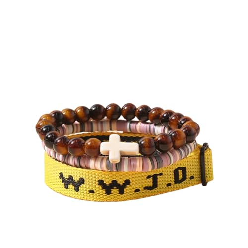 WWJD What Would Jesus Do Christian Stackable Bracelet Set for Women Men, Inspirational Faith Cross Beaded Elastic Wristbands, Religious Bible Verse Jewelry Gift for Church - color: Amber 3pcs