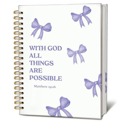 Coquette Purple Bow Spiral Bible Notebook for Note Taking - color: Matthew 19:26 - purple