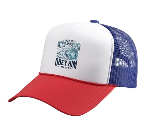 Christian Faith Bible Verse Jesus Wind and Waves Religious Trucker Hat with Adjustable Mesh Back - color: Red/White/Royal Blue