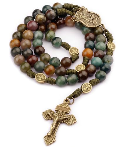 HanlinCC Stone Beads St.Michael Paracord Catholic Rosary with Bag for Men - style: India Agate