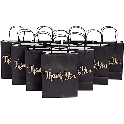 24 Pack Medium Black Thank You Party Favor Paper Goodie Gift Bags with Handles, Gold Foil - color: Black,Gold