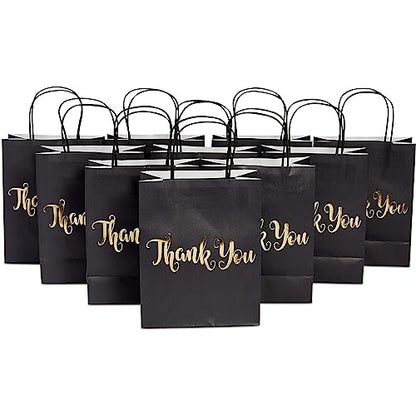 24 Pack Medium Black Thank You Party Favor Paper Goodie Gift Bags with Handles, Gold Foil - color: Black,Gold