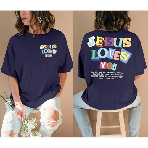 Christian Faith Shirts for Women Jesus Shirt YHWH Inspirational Bible Verse T-Shirt Religious Oversized Graphic Tee - color: Dark Blue, size: Small