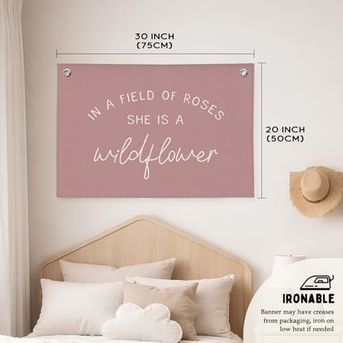 Girls Room Decor, Wildflower Nursery Decor, In a Field Full of Roses She Is a Wildflower Banner, Pink Linen Banner Flag Decor for Little Girl Baby Girl, Girls Room Wall Decor Canvas Banner - color: Pink Wildflower