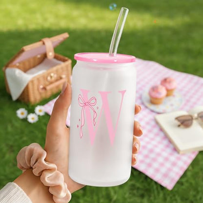 SANDJEST Monogrammed Glass Drinking Can Cup with Acrylic Lid and Straw, Personalized Frosted Iced Coffee Tumbler 16oz, Monogram Initial Gifts for Women Girls on Birthday (W) - color: W