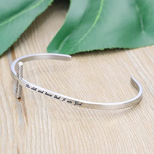 Memgift 𝐂𝐫𝐨𝐬𝐬 𝐁𝐫𝐚𝐜𝐞𝐥𝐞𝐭 Religious Cuff Bangle 𝐁𝐢𝐛𝐥𝐞 𝐕𝐞𝐫𝐬𝐞 Christian Gifts Jewelry for 𝐖𝐨𝐦𝐞𝐧 - style: Silver cuff-Be still and know that I am God -Psalm 46:10