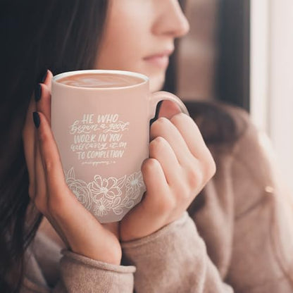 Christian Art Gifts Large Scripture Ceramic Novelty Coffee Mug for Women - color: Pink & White Floral/Began a Good Work