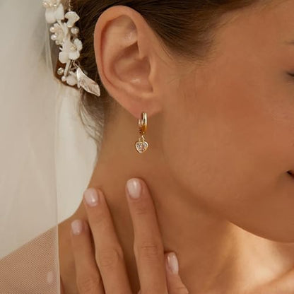 Dangle Earrings for Women, Dainty Huggie Hoop Dangle Earrings - color: CZ Heart 01 Dangle Gold