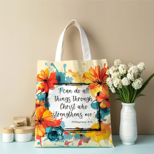 Positive Religious Christian Gifts Canvas Tote Bag for Women Christmas Birthday Cute Beach Reusable Grocery Bags - color: Philippians 4 13 Floral