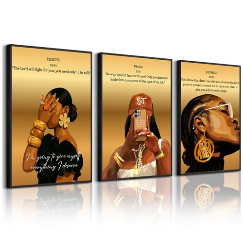 Black Girl Wall Art Christian Canvas Poster Bible Verse Wall Decor African American Woman Pictures Trendy Black Women Prints Fashion Scripture Religious Painting for Bedroom 12x16x3 Inch Unframed - color: Yellow Wall Art, size: 12''x16'' Unframed
