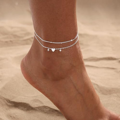 Ankle Bracelets for Women Waterproof Non Tarnish Anklet - style: 2 Layered Bead&Heart-SL