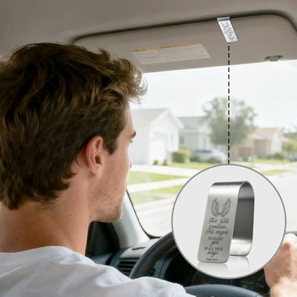 for God Commands His Angels to Guard You Engraved Stainless Steel Car Visor Clip, in All Your Ways Psalm 91:11, Inspirational Guardian Angel Safe Driving Gifts for Family Friend Traveller - color: silver019
