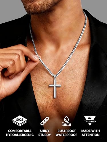 925 Sterling Silver Modern Cross Necklace for Men, 18K Gold Plated Pendant with 4mm 316L Stainless Steel Diamond-Cut Cuban Chain for Men, Cross Necklaces Jewelry Gift, 16-26 Inch - color: Silver - small cross, size: 20 Inch