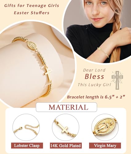 First Communion Gifts for Girls Virgin Mary Cross Bracelet Non Tarnish Baptism 1st Holy Communion Confirmation Gifts Christian Religious Catholic Jewelry - color: Godmother,Gold