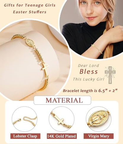 First Communion Gifts for Girls Virgin Mary Cross Bracelet Non Tarnish Baptism 1st Holy Communion Confirmation Gifts Christian Religious Catholic Jewelry - color: Godmother,Gold