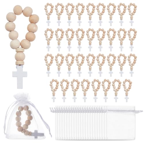 OLYCRAFT 36Pcs Wooden Rosary Beads with White Cross Pendant 3.7 Inch Long Wooden Finger Rosary Bead with Cross Classic Mini Rosaries and Mesh Bags Natural Wood Beads for Guests Party Favors - color: White Cross