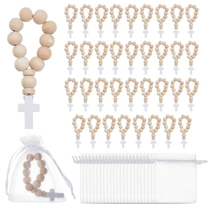 OLYCRAFT 36Pcs Wooden Rosary Beads with White Cross Pendant 3.7 Inch Long Wooden Finger Rosary Bead with Cross Classic Mini Rosaries and Mesh Bags Natural Wood Beads for Guests Party Favors - color: White Cross