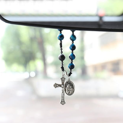 Nazareth Store Tiger Eye Beads One Decade Rosary Handmade Pocket Car Mirror with Saint Joseph Medal and Jesus Cross in Antique Silver Volcanic Stone Travel Friendly Rosary - color: Blue Tiger Eye