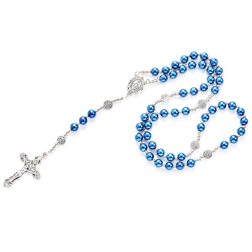 8mm Purple Pearl Beads Catholic Rosary Glass Beaded Acrylic String Necklace White Ceramics Bead Rosary Miraculous Medal Crucifix Cross Gift for Women Girls - color: Blue