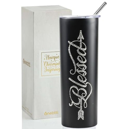 Onebttl Christian & Religous Gifts for Women, Blessed Gifts, 20 oz Rhinestone Sytle Stainless Steel Skinny Tumbler