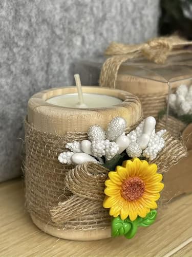24 Pack Sunflower Wood Tealight Handmade Candle Holders - Wedding, Baby Shower, Baptism Favors & Centerpieces, Cylinder Candles Decorations - size: 24
