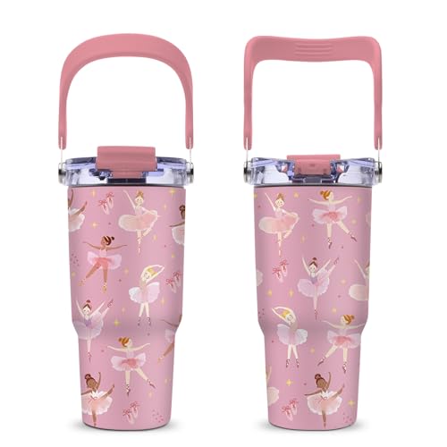 Ballerina Gifts for Girls - Pink Ballet Tumbler with Top Handle and Flip Straw Lid 20oz Stainless Steel Insulated Travel Cups - Christmas Birthday Ideas for Ballet Dance Lover Kids Coffee Mugs - color: Ballet01