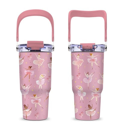 Ballerina Gifts for Girls - Pink Ballet Tumbler with Top Handle and Flip Straw Lid 20oz Stainless Steel Insulated Travel Cups - Christmas Birthday Ideas for Ballet Dance Lover Kids Coffee Mugs - color: Ballet01