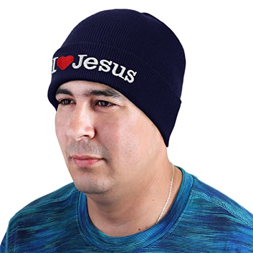 I Love Jesus Beanie Hat Ski Cap All Seasons Embroidered Solid Color - color: Navy