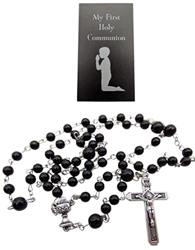 First Communion Rosary Set with Glass Black Beads Metal Crucifix