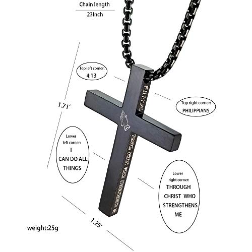 Cross Necklace Stainless Steel Necklace Religious Bible Verse Pendant Crucifix Necklace Faith Jewelry with 22' Chain - style: I can do all things - black