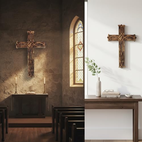 KSJONE Handmade Antique Design Rustic Look Wooden Wall Hanging Cross Decorative Religious Altar Spiritual Art Sculpture Home Living Room Décor Accessory for Christmas and Other Occasions (10 Inch) - size: 10"L x 6.5"W