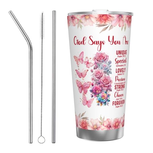 20 oz Religious Inspirational God Says You Are Tumbler with Lid, Faith Sign Sunflower Butterfly Stainless Steel Double Wall Cup for Hot Cold Coffee, Travel Mug Gifts for Women - color: Straw Three-piece Set 5