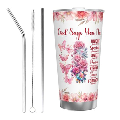20 oz Religious Inspirational God Says You Are Tumbler with Lid, Faith Sign Sunflower Butterfly Stainless Steel Double Wall Cup for Hot Cold Coffee, Travel Mug Gifts for Women - color: Straw Three-piece Set 5