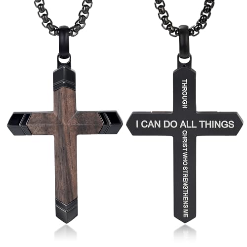 Wooden Cross Necklace for Men with Stainless Steel Adjustable Chain 24-26in, Christian Wood Crucifix Pendant Gift for Him - style: Philippians 4:13