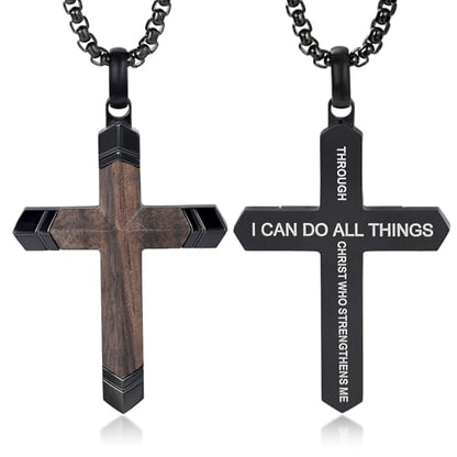 Wooden Cross Necklace for Men with Stainless Steel Adjustable Chain 24-26in, Christian Wood Crucifix Pendant Gift for Him - style: Philippians 4:13