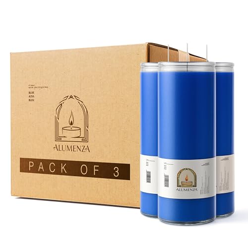 3pk Blue Azul 90hr | 7-Day Prayer Candles - Glass Jar Veladoras, Unscented Paraffin Wax | Peace, Healing & Protection Novena - Catholic Hispanic Church Altar, Memorial Vigil, Tranquility Calm - color: Blue