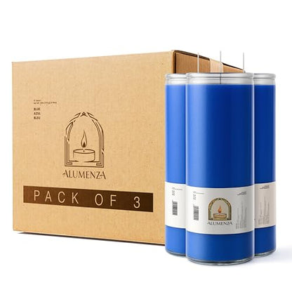 3pk Blue Azul 90hr | 7-Day Prayer Candles - Glass Jar Veladoras, Unscented Paraffin Wax | Peace, Healing & Protection Novena - Catholic Hispanic Church Altar, Memorial Vigil, Tranquility Calm - color: Blue