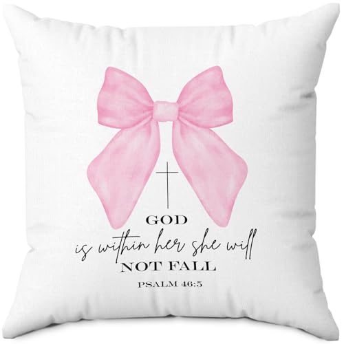 Coquette Pink Bow Christian Pillow Cover 18x18 Inch, Preppy Pink Bow Religious Throw Pillow Cover, Bible Verse Decorative Pillowcase for Girly Room Bedroom Couch - color: Pink Bow