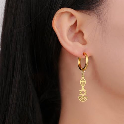 Messianic Seal Dangle Earrings Messianic Seal of Jerusalem Earrings Star of David,Ichthus with Cross,Menorah,Jewish Star Earrings Religious Hanukkah Jewelry Token of Prayer - color: gold2