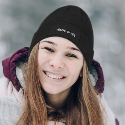 Custom Patch Beanie Jesus Saves Black Style Christ Christian Skull Cap Hats for Men & Women One Size - color: Black Design Only