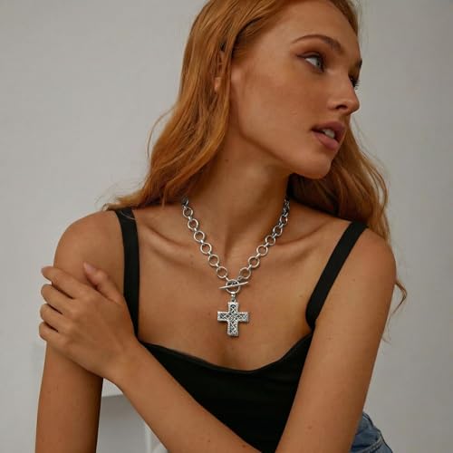 Chunky Cross Necklace for Women, 925 Sterling Silver Pendant with Copper Chunky Chain, Non Tarnish Statement Necklace for Daily Wear, Gift - color: Silver-05