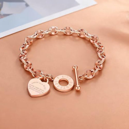Heart Charm Bracelet Plated 18K Gold/Silver/Rose Gold Bible Scripture Heart Bracelet for Women Jewelry Gift Her Link Chain OT Clasp Stainless Steel - color: Rose Gold（8.1 inch ）