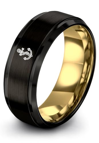 Gift for Nautical Fan - Anchor With Rope Ring - Men Women - Tungsten - Flat Dome Bevel - Band - Yellow Gold Black Silver Blue - Anniversary Wedding - 8mm - Brushed Polished - Personalized Custom Engra - color: 04 - Yellow Gold Black Tungsten